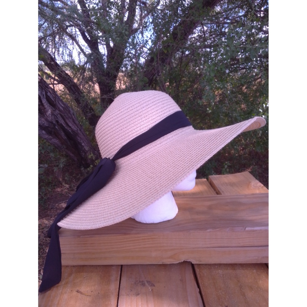 Vince Camuto Womens Wide Brim Straw Sun Hat Cream with Black Ribbon Bow O/S - Picture 4 of 5